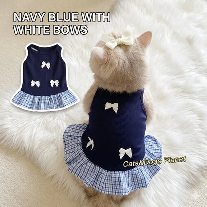 Back view of a cream-colored cat wearing a navy blue designer pet dress with three white bows and a blue gingham skirt, showcasing the intricate design details and elegant fit against a soft white home setting.