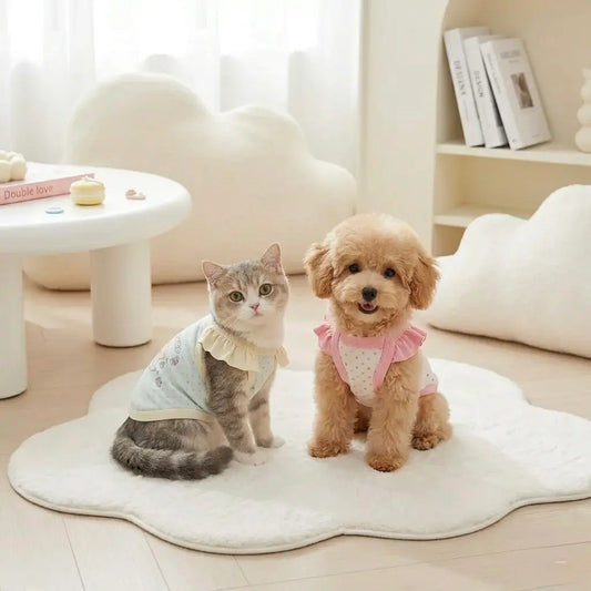 Front view of a macaron pink pet summer vest with cute cartoon bear print and D-ring.