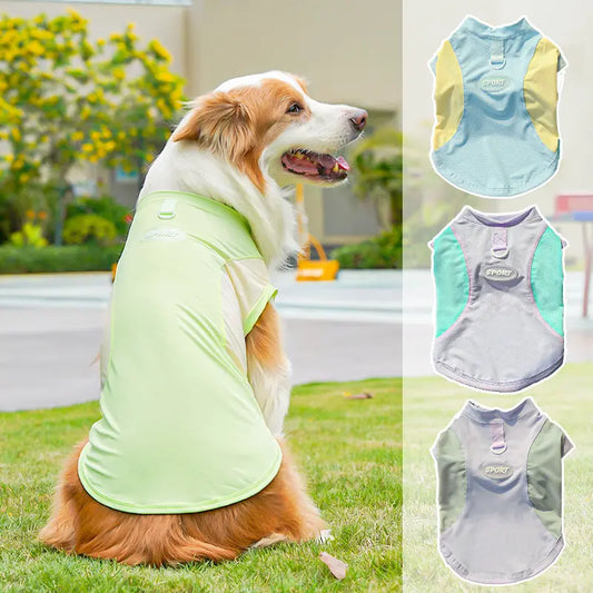 Collection of multi-colored large dog mesh vests with leash D-rings
