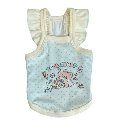 Front view of a macaron blue pet summer vest with cute cartoon bear print and D-ring.