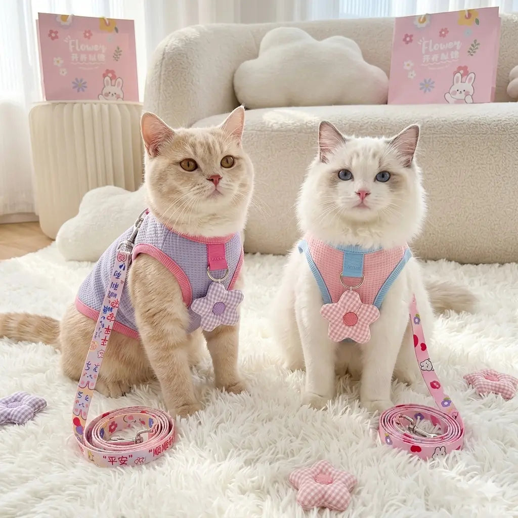 A collection of pastel-colored waffle pet harnesses with 3D flower charms and matching leashes.