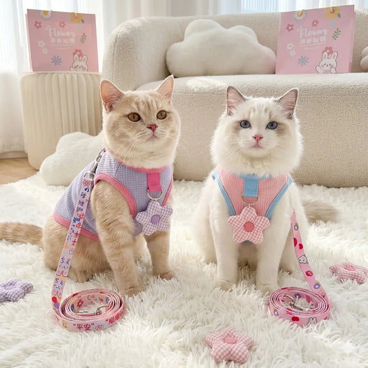 A collection of pastel-colored waffle pet harnesses with 3D flower charms and matching leashes.