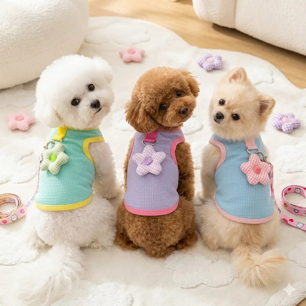 A collection of pastel-colored waffle pet harnesses with 3D flower charms and matching leashes.
