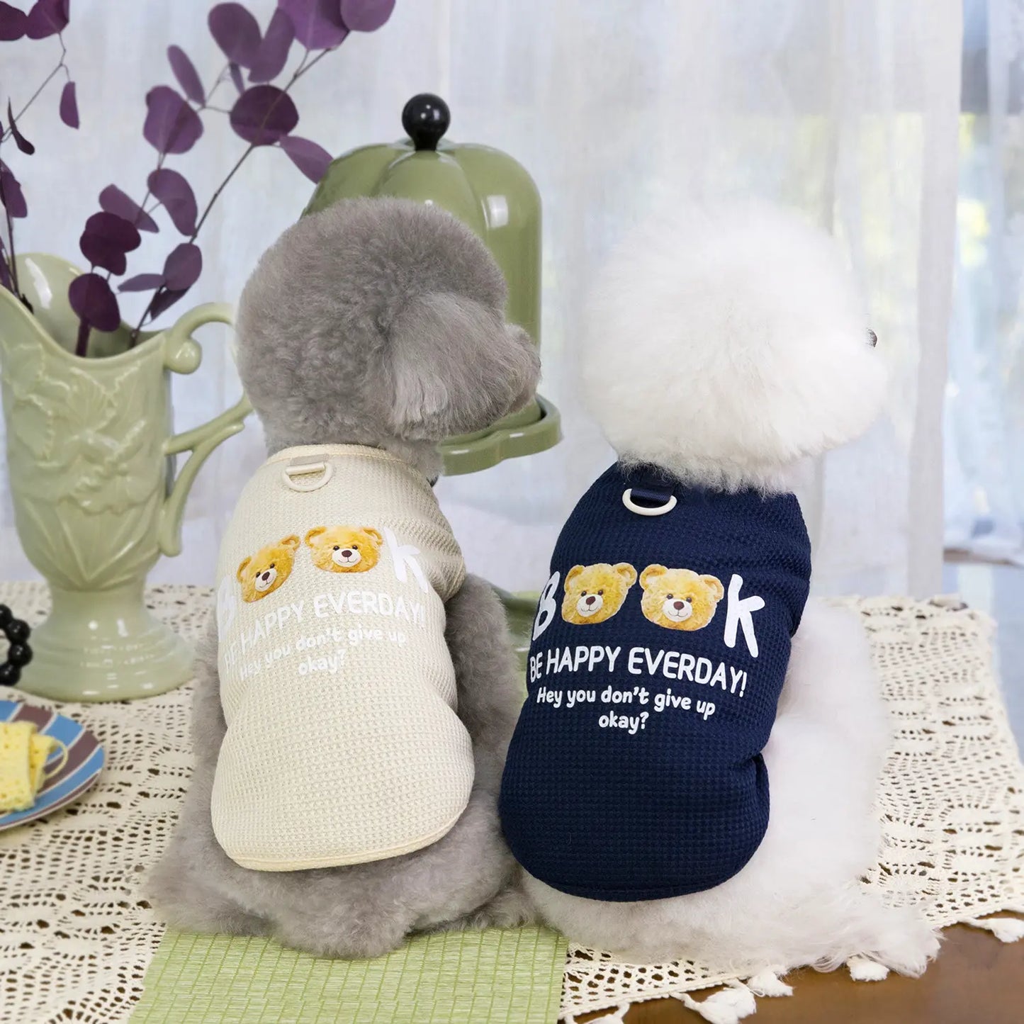 Two small dogs wearing navy and cream waffle knit tank tops with cute bear prints and metal D-rings for leash attachment, sitting on a lace tablecloth in a lifestyle setting