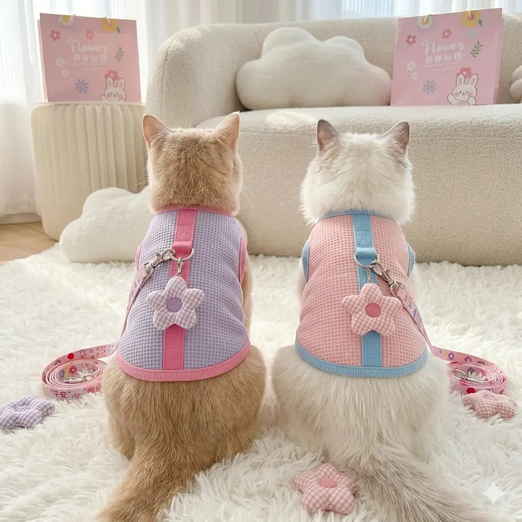 Hand holding a sky blue dog harness set with a pearl hanger and cartoon printed leash.